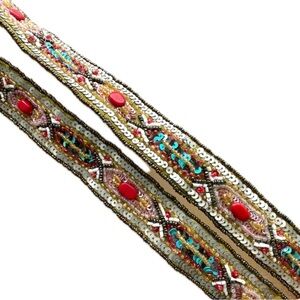 Vintage Indian Hand Beaded & Sequin Statement Belt 34” Boho Festival Velcro